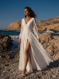 Long Sleeves A-Line Beach Wedding Dresses With V-Neck Chiffon Floor-Length