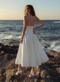 A-Line V-Neck Sleeveless Tea-Length Satin Wedding Dress