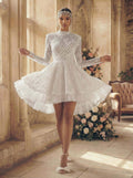 A-Line High Neck Long Sleeves Asymmetrical Lace/Tulle Wedding Dresses