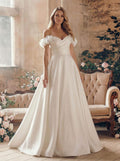 Elegant Flower(s) Off-The-Shoulder A-Line Court Train Matte Satin Wedding Dresses