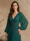 V-Neck Long Sleeves Pleated Mother Of The Bride Dresses With Beading