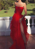 A-Line Strapless Split Front Sleeveless Sweep Train Prom Dresses With Split Front