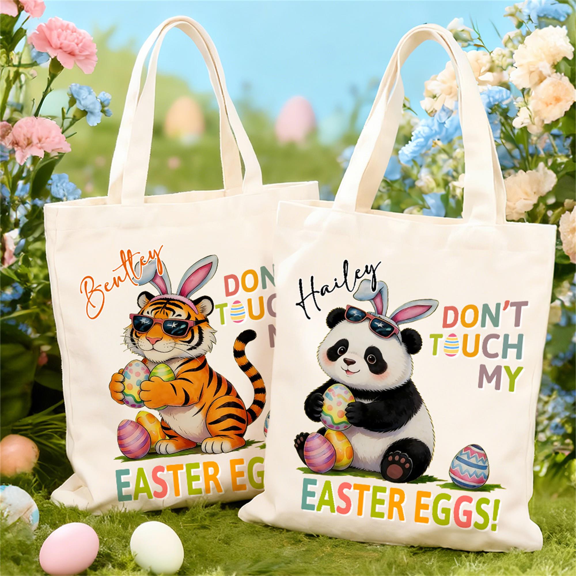 No toques mis huevos de Pascua Bolsa de lona reutilizable con nombre personalizada Regalo de Pascua para niños, niñas y mujeres