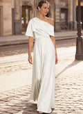 A-Line Asymmetrical 1/2 Sleeves Floor-Length Crepe Satin Evening Dresses