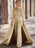 Jumpsuit/Pantsuit V-Neck Long Sleeves Detachable Satin/Sequined Evening Dresses With Sequins