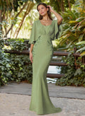 Trumpet/Mermaid Square Neckline Cape Sleeves Sweep Train Elastic Satin Mother Of The Bride Dresses