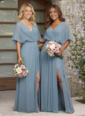 A-Line V-Neck 1/2 Sleeves Chiffon Bridesmaid Dresses With High Split