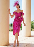 Sheath/Column Off-The-Shoulder Knee-Length Satin Cocktail Dresses With Bow(s)/Cascading Ruffles