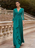 Sheath/Column V-Neck 3/4 Sleeves Floor-Length Lace/Elastic Satin Mother Of The Bride Dresses With Cascading Ruffles/Lace/Flower(s)