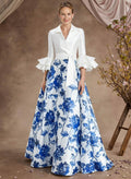 A-Line V-Neck 3/4 Sleeves Floor-Length Taffeta Mother Of The Bride Dresses With Floral-Print/Cascading/Ruffles