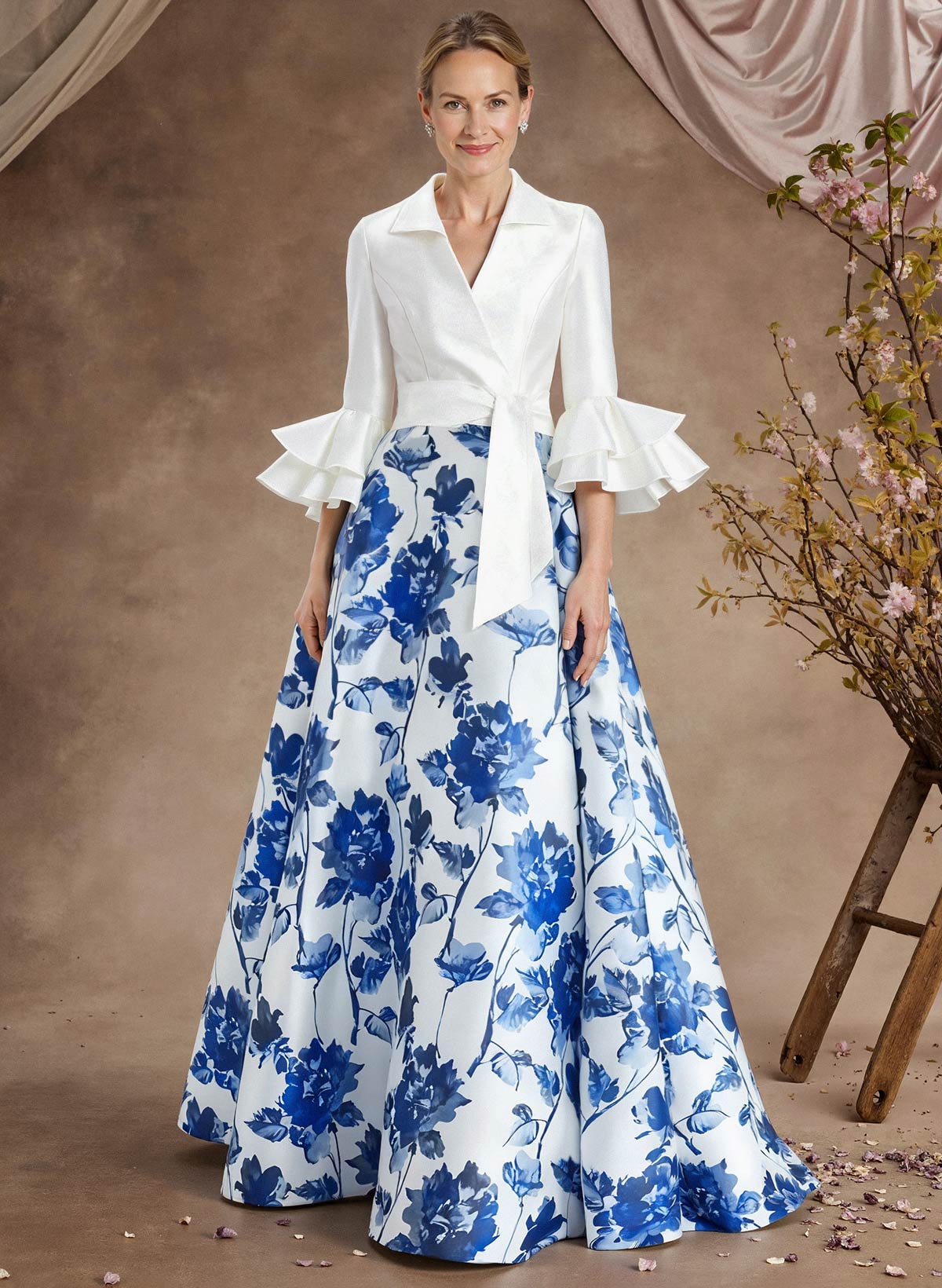 A-Line V-Neck 3/4 Sleeves Floor-Length Taffeta Mother Of The Bride Dresses With Floral-Print/Cascading/Ruffles