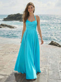 A-Line Halter Sleeveless Floor-Length Satin Bridesmaid Dresses