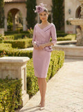 Sheath/Column V-Neck 3/4 Sleeves Knee-Length Satin Cocktail Dresses