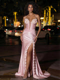 Sweet Sweetheart Lace Up Back Silk Like Satin Prom Dresses With Flower(s)/High Split