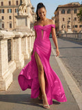Flattering Off-The-Shoulder Ruched Stretch Satin Knit Prom Dresses With High Split