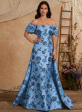 A-Line Off-The-Shoulder Sweep Train Twill Satin Mother Of The Bride Dresses With Floral-Print/Overskirt Dress