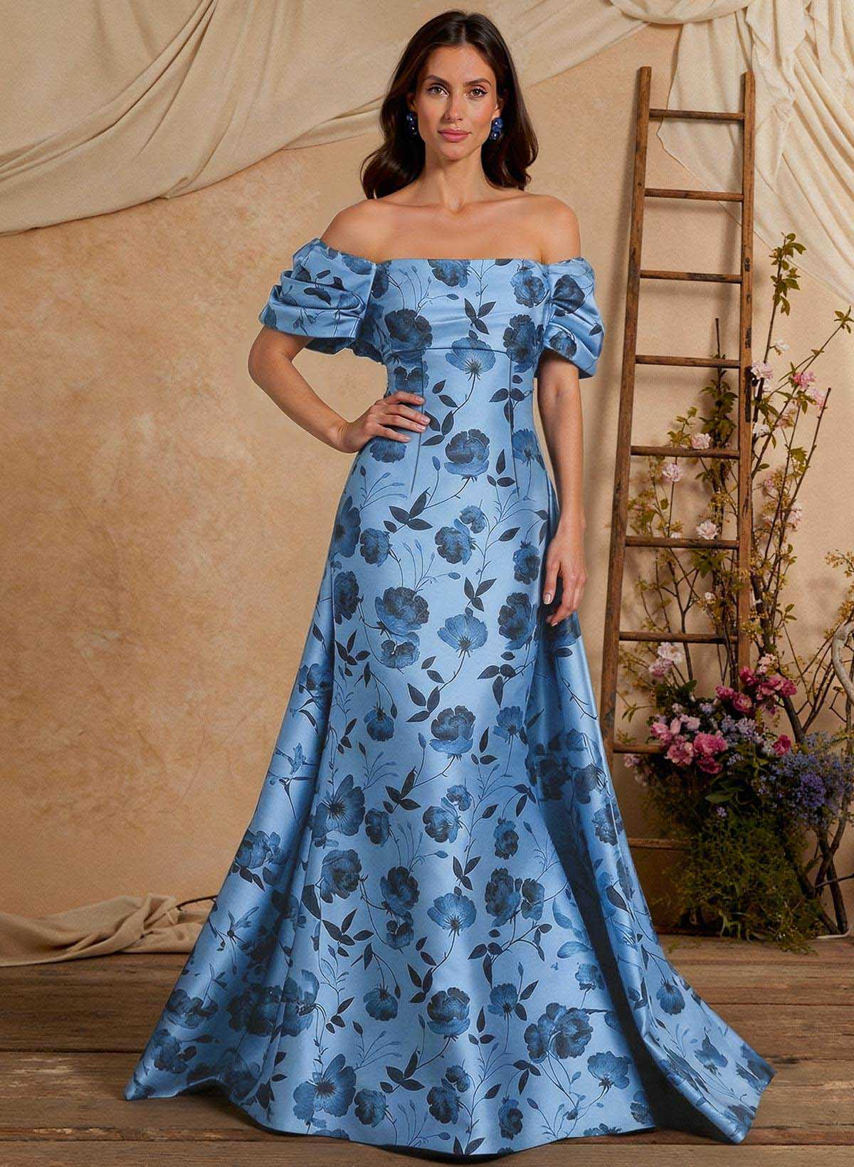 A-Line Off-The-Shoulder Sweep Train Twill Satin Mother Of The Bride Dresses With Floral-Print/Overskirt Dress