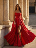 Classy A-Line Strapless Corset Satin Prom Dresses With High Split