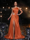 Elegant One-Shoulder Sweep Train Silk Like Satin Prom Dresses With Sequins/High Split