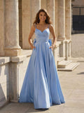 Unique V-Neck A-Line Sweep Train Satin Prom Dresses With Bow(s)