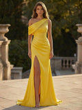 Asymmetrical Neck Matte Satin Sheath/Column Beading Prom Dresses
