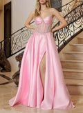 A-Line Sweetheart Sleeveless Sweep Train Satin Prom Dresses With Appliques Lace/Rhinestone/High Split