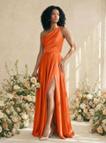 A-Line One-Shoulder Sleeveless Silk Like Satin Bridesmaid Dresses With High Split