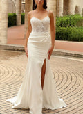 Trumpet/Mermaid V-Neck Sleeveless Court Train Elastic Satin Wedding Dresses With High Split