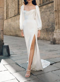 Sheath/Column Cowl Neck Long Sleeves Court Train Charmeuse With High Split Wedding Dress