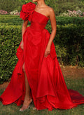 A-Line One-Shoulder Sleeveless Sweep Train Taffeta Evening Dresses With Split Front/Flower(s)