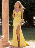 Trumpet/Mermaid Plunge Neck Sleeveless Sweep Train Tulle/Charmeuse Prom Dresses With High Split