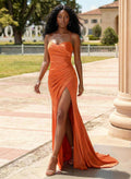 Classic Square Neckline High Split Court Train Silk Like Satin Prom Dresses