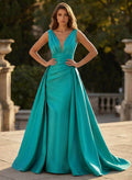 V-Neck Sleeveless Sweep Train Satin Prom Dresses