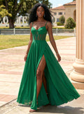 Flattering V-Neck Spaghetti Straps Lace Up Back Chiffon Prom Dresses With High Split