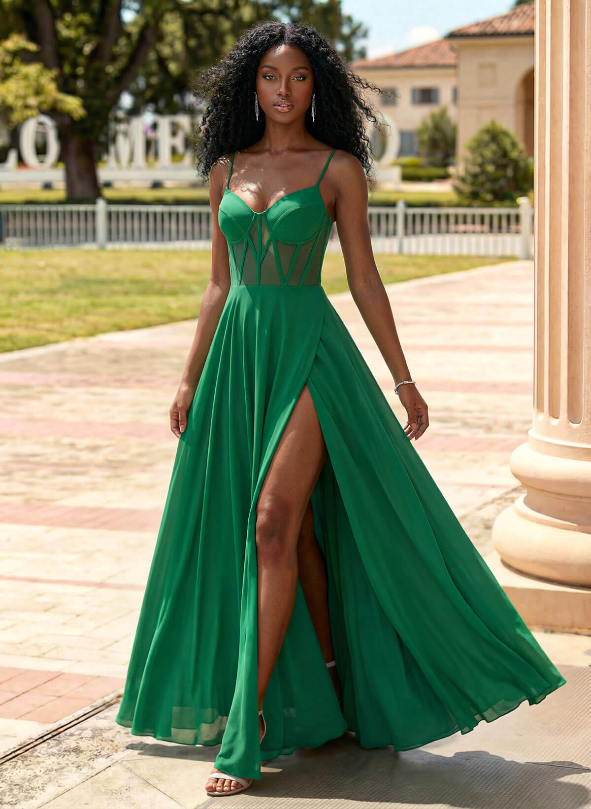 Flattering V-Neck Spaghetti Straps Lace Up Back Chiffon Prom Dresses With High Split