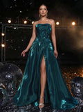 Sparkle & Shine A-Line Sweep Train Liquid Satin Prom Dresses With High Split