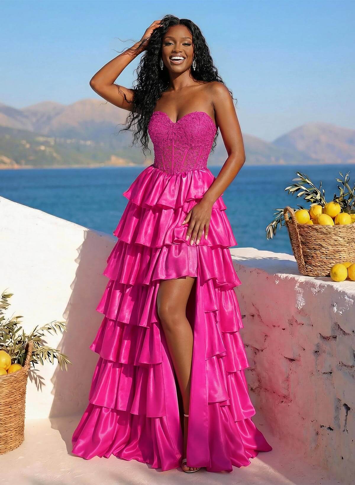 Unique Lace Sweetheart A-Line High Split Tiered Floor-Length Charmeuse Prom Dresses