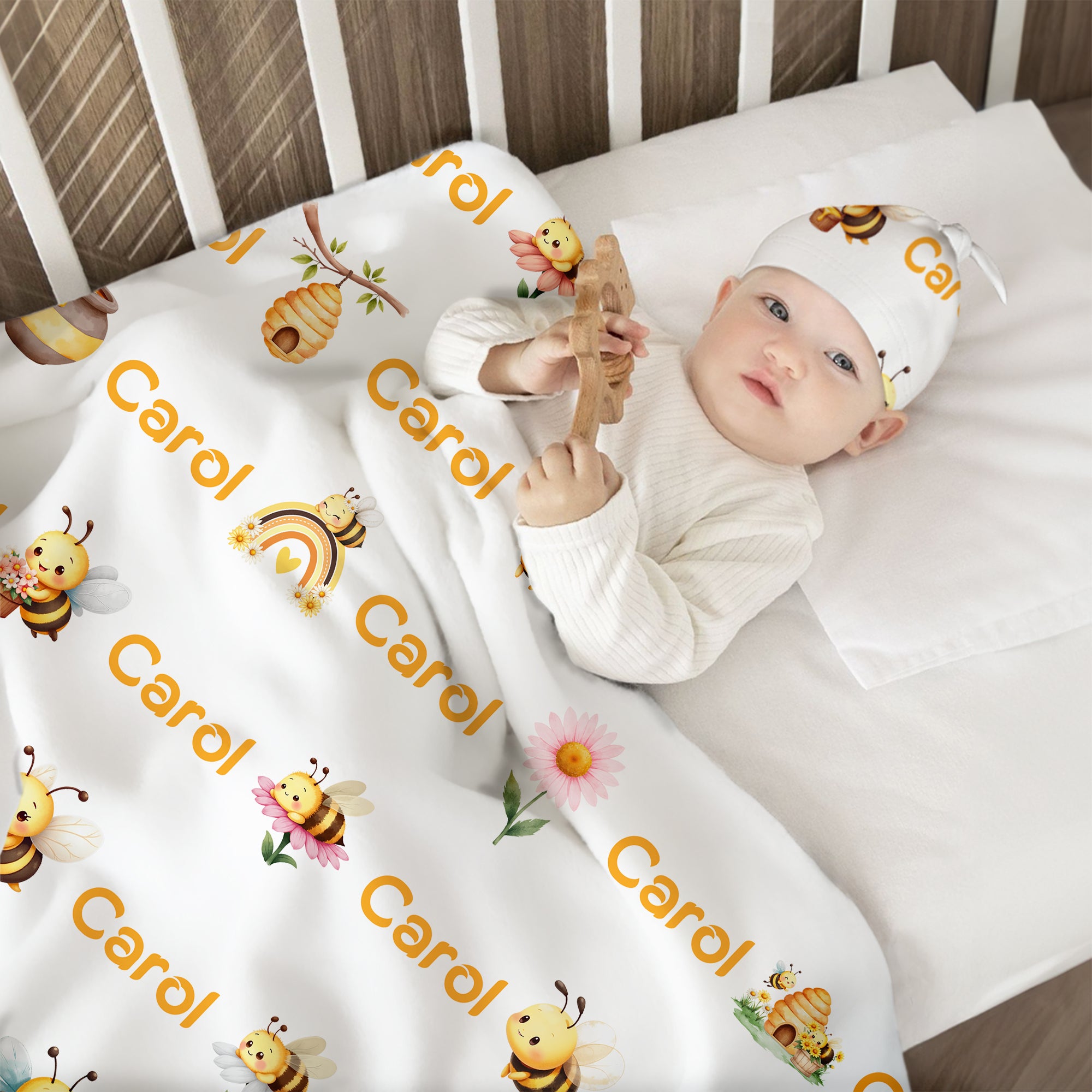 Set de manta y gorro de nudo personalizados 100% algodón con flor de abeja y nombre Cumpleaños Baby Shower Regalo para recién nacidos Bebés