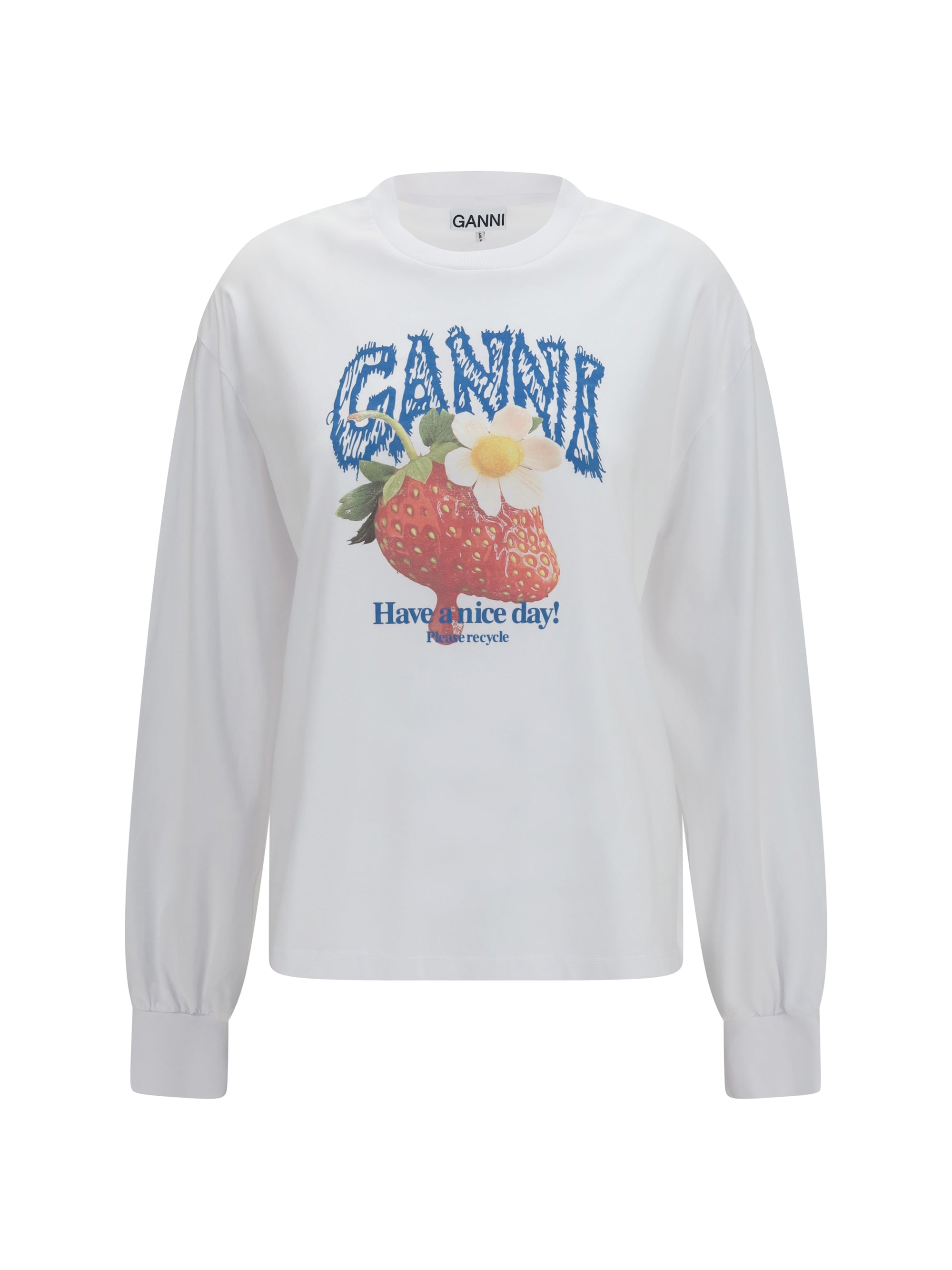 Ganni Strawberry Graphic Cotton Long-Sleeve T-Shirt — White