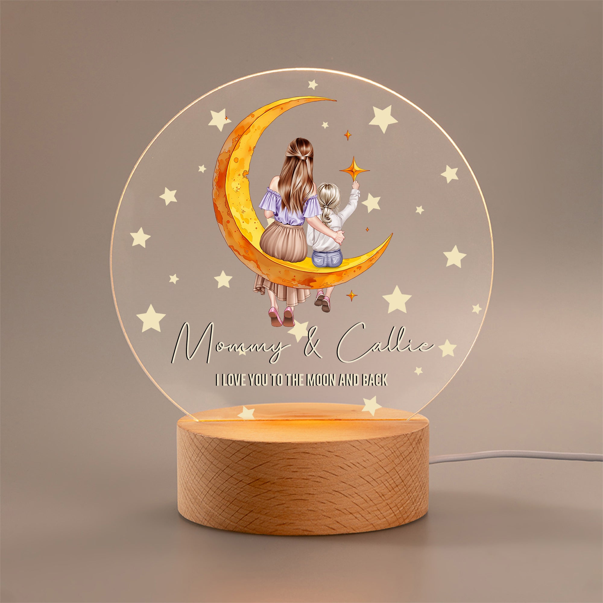 Personalizada Estrella Luna Mamá Niño Vista Trasera Dibujos animados LED Ronda Luz de Noche con Base de Madera Nombre y Texto Holiday Birthday Gift for Mother Boys Girls