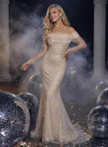Off-The-Shoulder Long Sleeves Sequined Prom Dresses