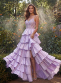 Dreamy V-Neck Lace Illusion Corset A-Line Tiered Silk Like Satin Prom Dresses
