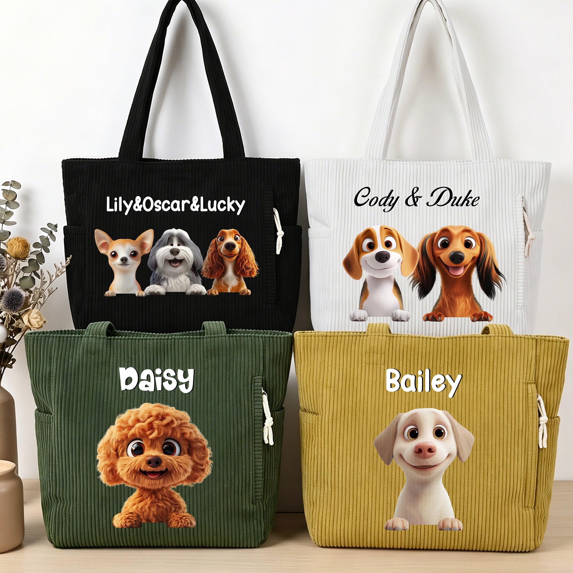 Bolsa de pana de gran capacidad con nombre personalizada para mascotas de dibujos animados Regalo de cumpleaños para dueños de mascotas para viajar a diario
