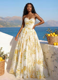 A-Line Sweetheart Sleeveless Floor-Length Satin Prom Dresses With Lace/Floral-Print