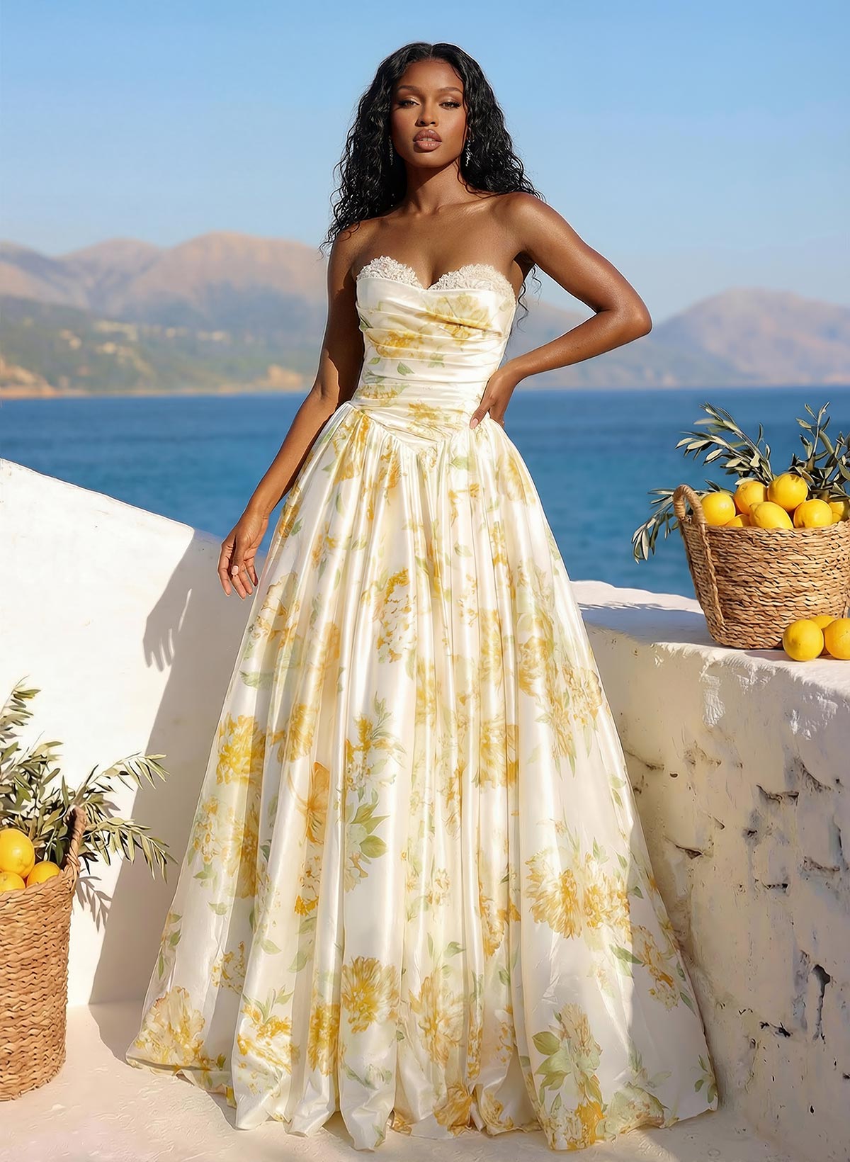A-Line Sweetheart Sleeveless Floor-Length Satin Prom Dresses With Lace/Floral-Print