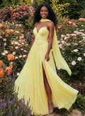 A-Line Strapless Sweep Train Chiffon Bridesmaid Dresses With Pleated/High Split