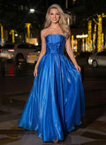 A-Line Strapless Sleeveless Sweep Train Liquid Tulle Prom Dresses With Bow(s)