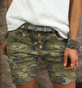 Elastic Waist Buttons Skinny Camo Shorts