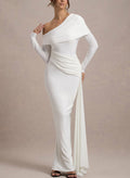 Sheath/Column Asymmetrical Long Sleeves Floor-Length Jersey With Sweeping Side Drape Wedding Dress