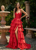 A-Line Sweetheart Sleeveless Sweep Train Taffeta Prom Dresses With Ruffle/High Split